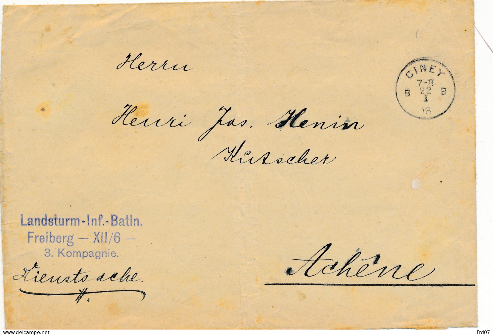 Ciney 55I 16 – Lettre Du Soldat Allemand Du Landsturm-Inf-Batln – Freiburg XII/16 Vers Achêne - Armée Allemande