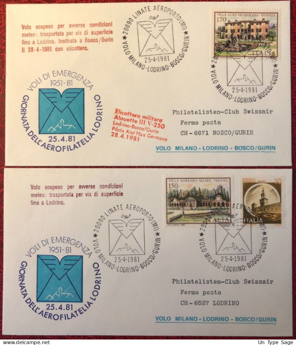 Italie, Premier Vol MILAN / BOSCO-GURIN 25.4.1981 - 2 Enveloppes - (A1484) - Airmail