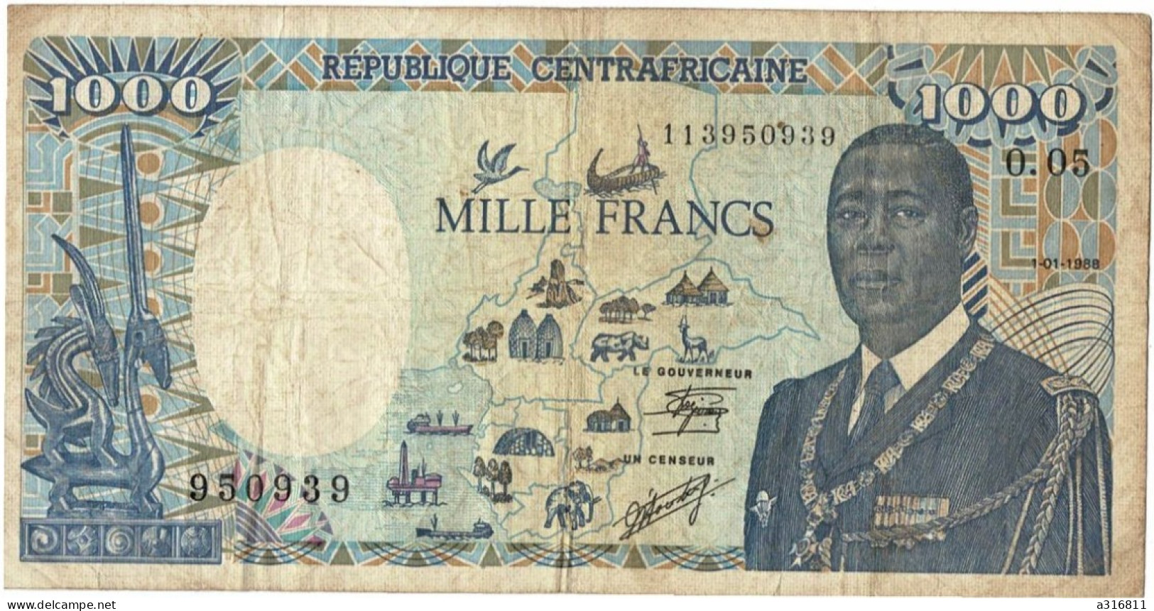 REP. CENTRAFRICAINE 1000 FRANCS 01.01.1988 # N.05 571494 P# 16 ELEPHANT - Repubblica Centroafricana