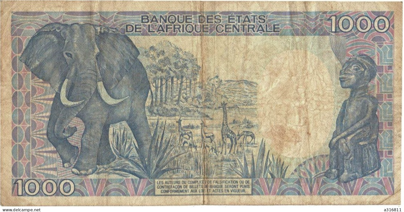 REP. CENTRAFRICAINE 1000 FRANCS 01.01.1988 # N.05 571494 P# 16 ELEPHANT - Centrafricaine (République)