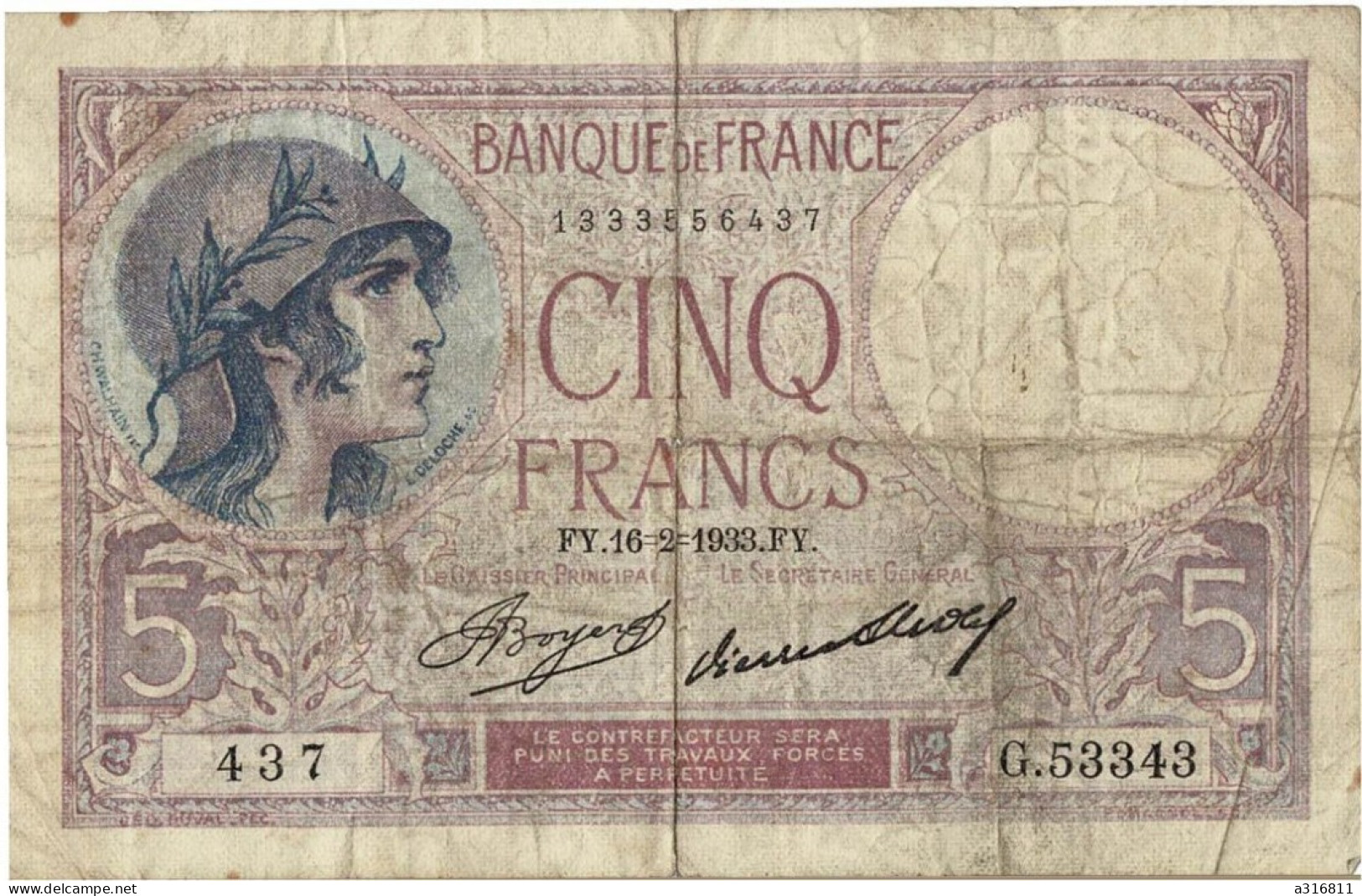 Billet 5 Francs 1933 - 5 F 1917-1940 ''Violet''