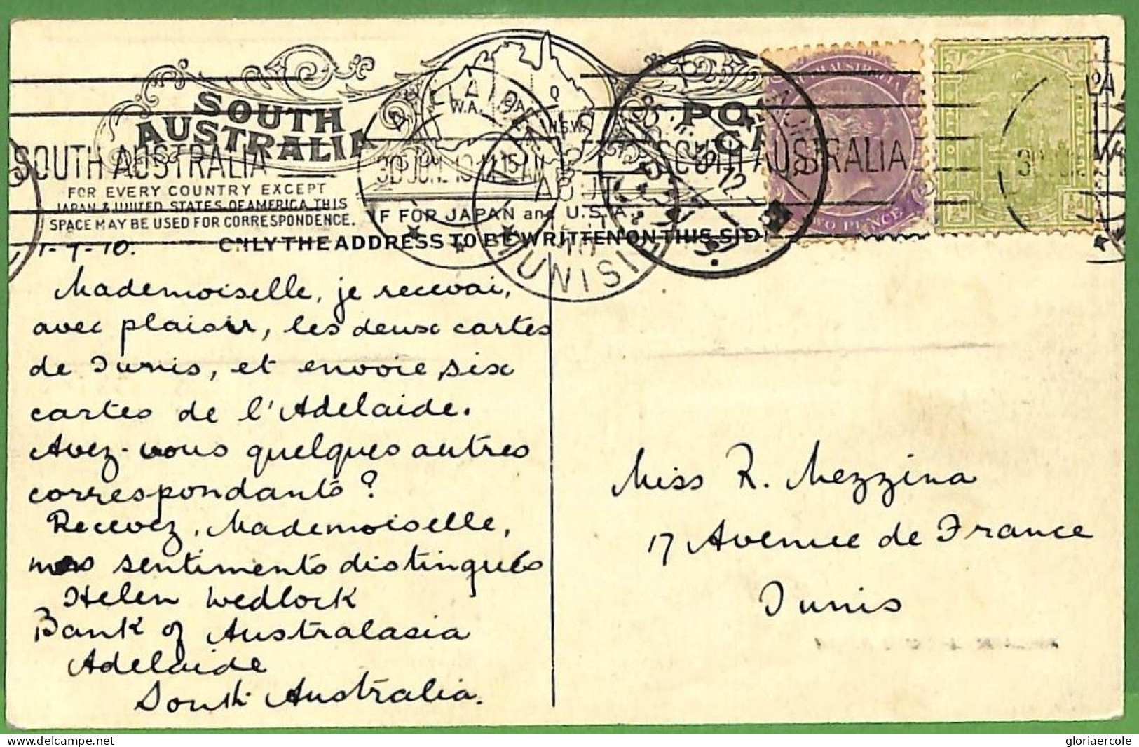 P1002 -  SOUTH AUSTRALIA  - Postal History - POSTCARD To TUNIS Via TAUFIK  1912 - Cartas & Documentos