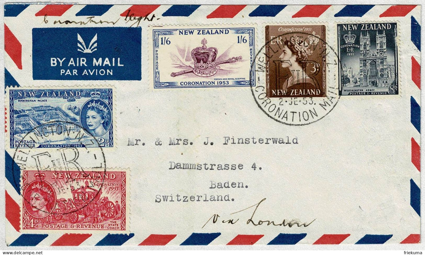 Neuseeland / New Zealand 1953, Luftpostbrief Coronation Mail Wellington - Baden (Schweiz), Via London - Storia Postale