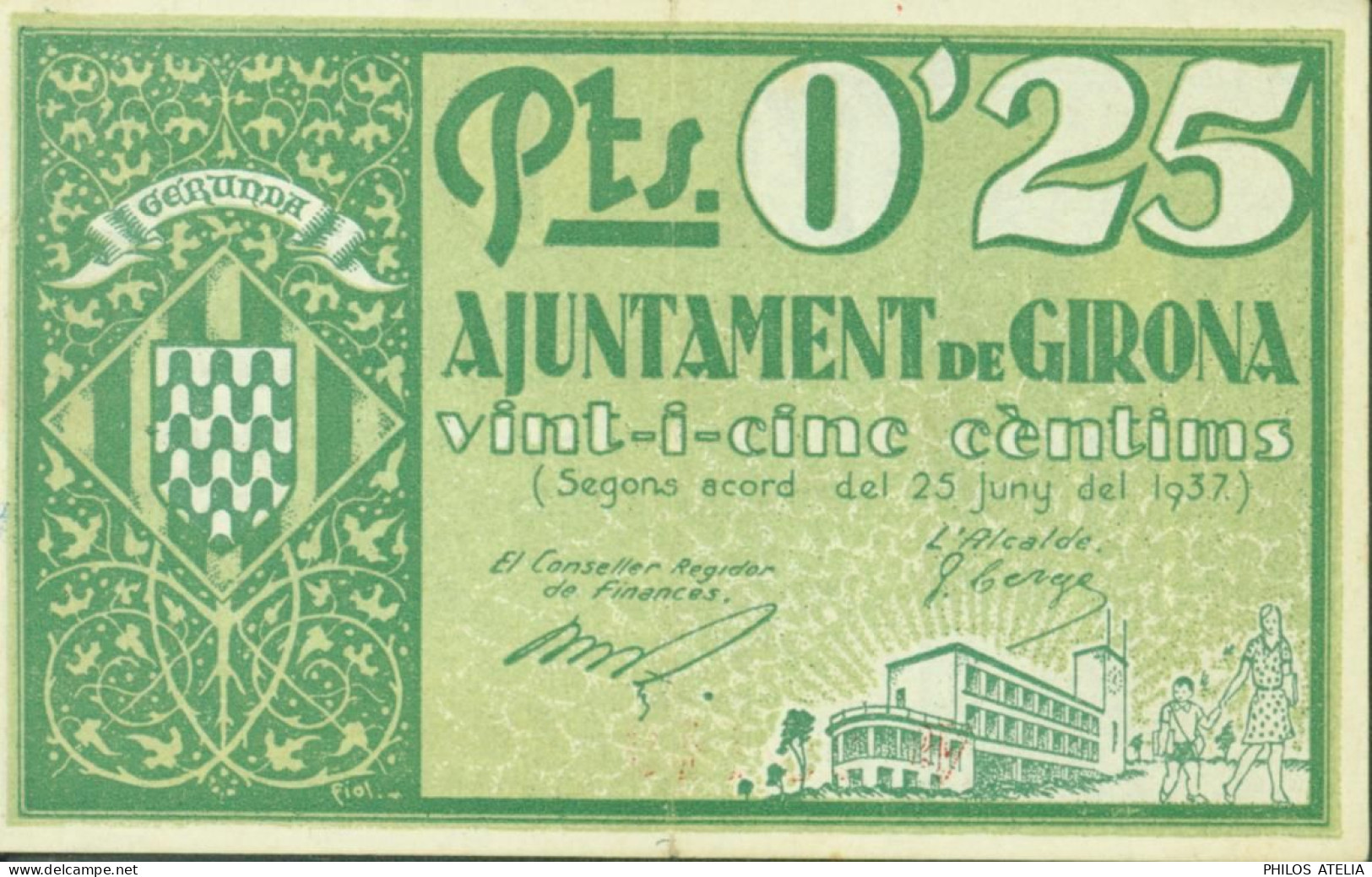 Espagne Guerre D'Espagne Billet 0,25 Peseta Ajuntament De Girona 1937 - Other & Unclassified