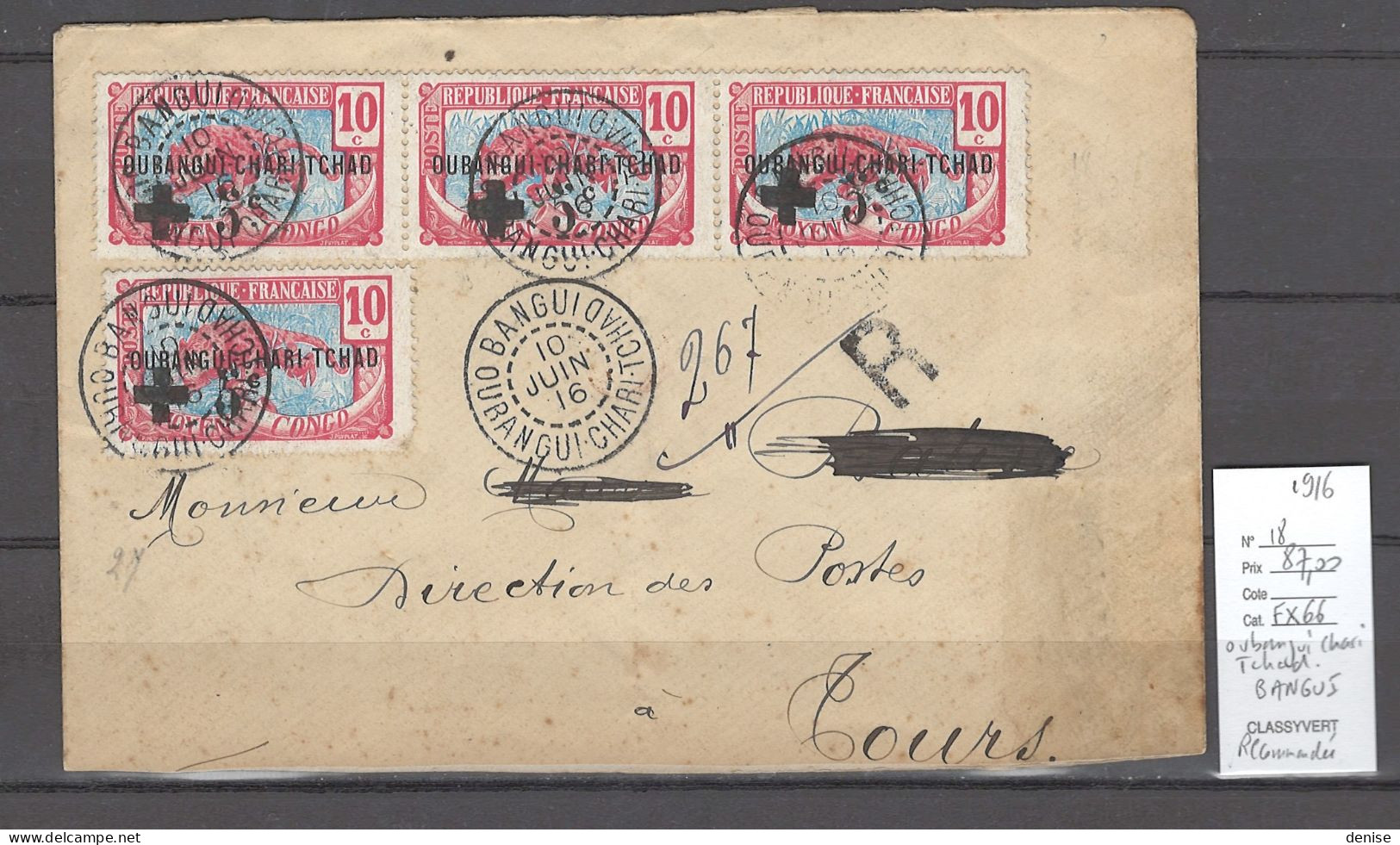 OUBANGUI-CHARI-TCHAD- Bureau De Bangui - 1916 - Yvert Croix Rouge N°18 - Lettres & Documents