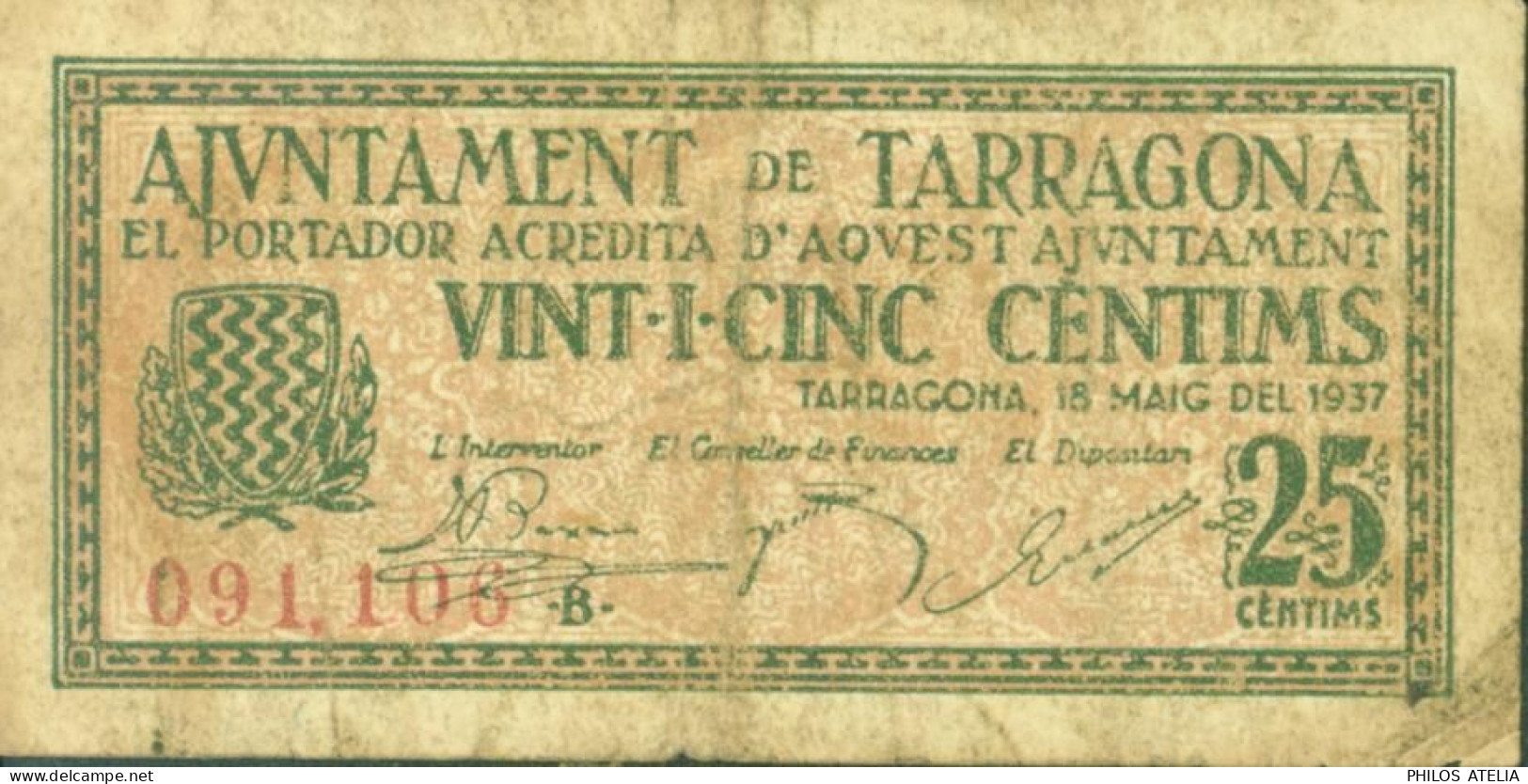 Espagne Guerre D'Espagne Billet 0,25 Peseta Ajuntament De Tarragona 1937 - Sonstige & Ohne Zuordnung