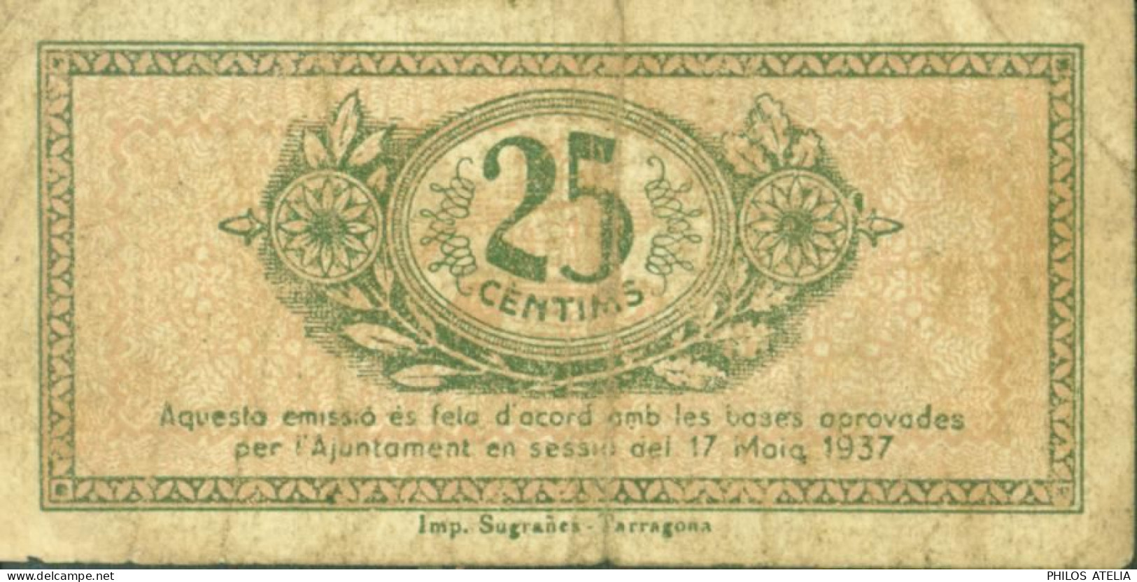 Espagne Guerre D'Espagne Billet 0,25 Peseta Ajuntament De Tarragona 1937 - Andere & Zonder Classificatie