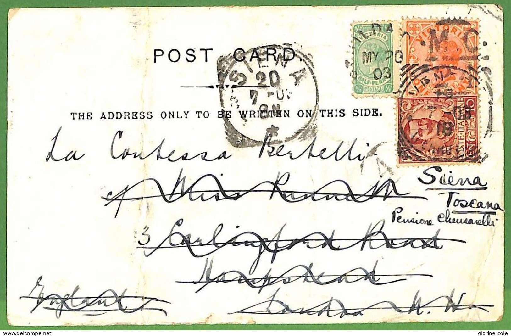 P1007 - Australia VICTORIA - Postal History - Postcard From ST KILDA To Italy REDIRECTED Mixed Franking 1903 - Covers & Documents
