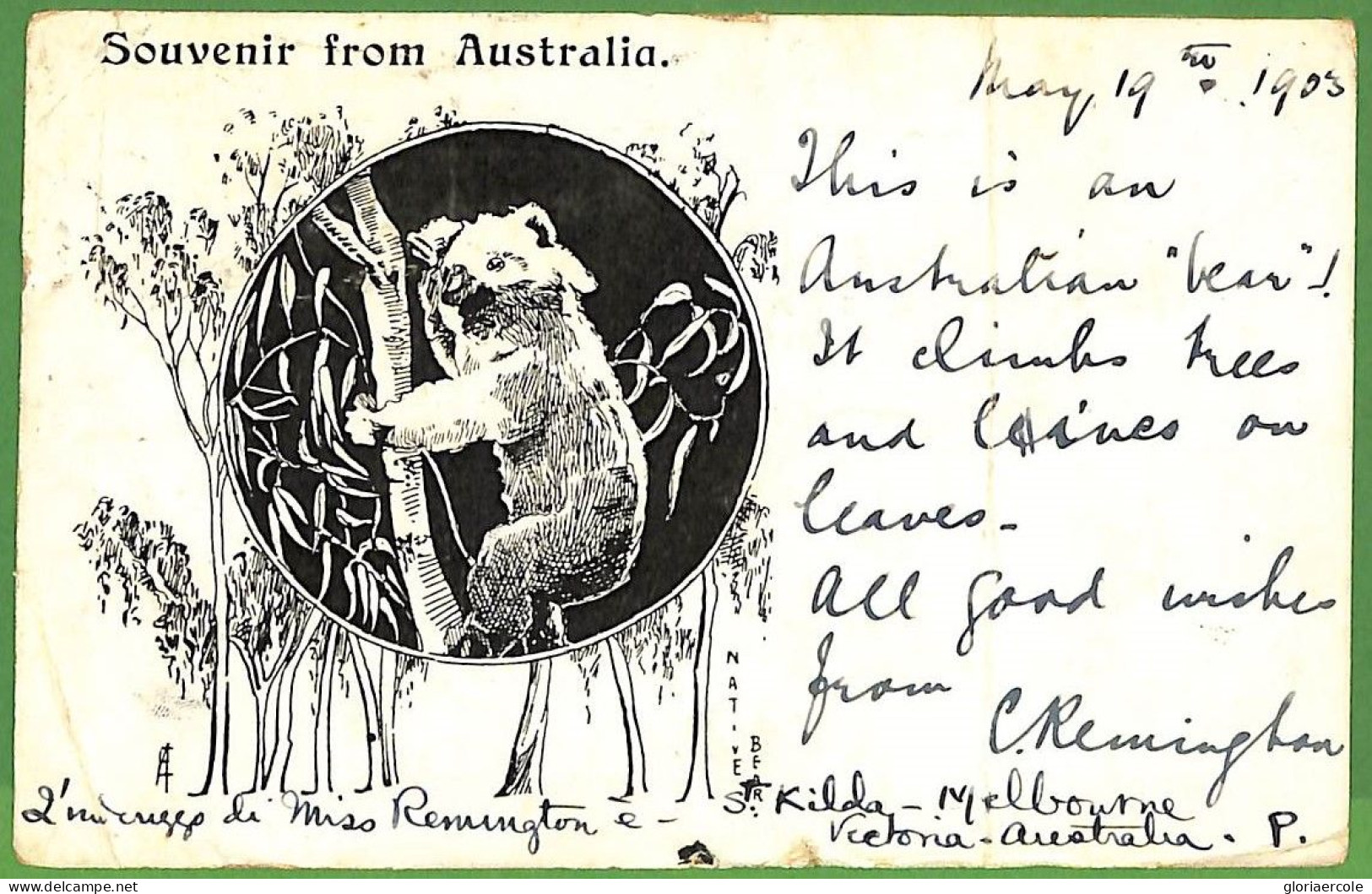 P1007 - Australia VICTORIA - Postal History - Postcard From ST KILDA To Italy REDIRECTED Mixed Franking 1903 - Lettres & Documents