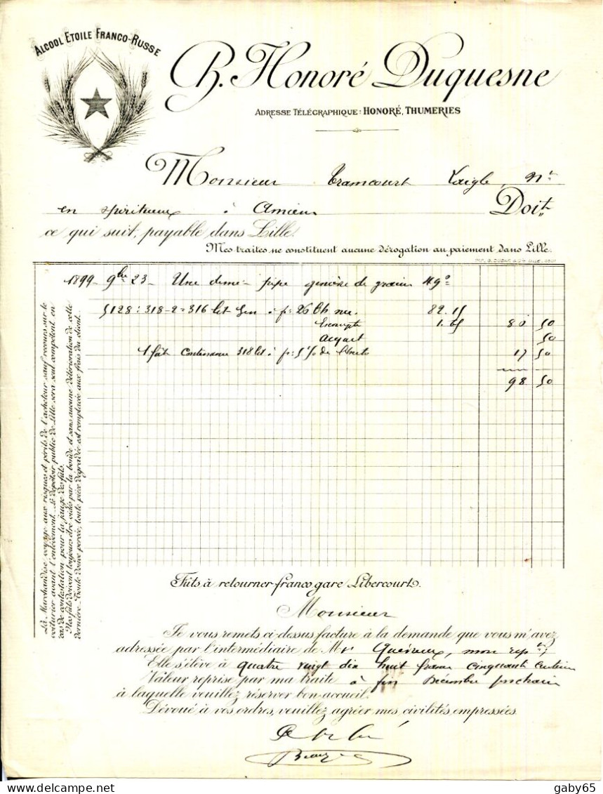 FACTURE.59.LILLE.ALCOOL ÉTOILE FRANCO-RUSSE.CH.HONORÉ DUQUESNE. - Alimentaire