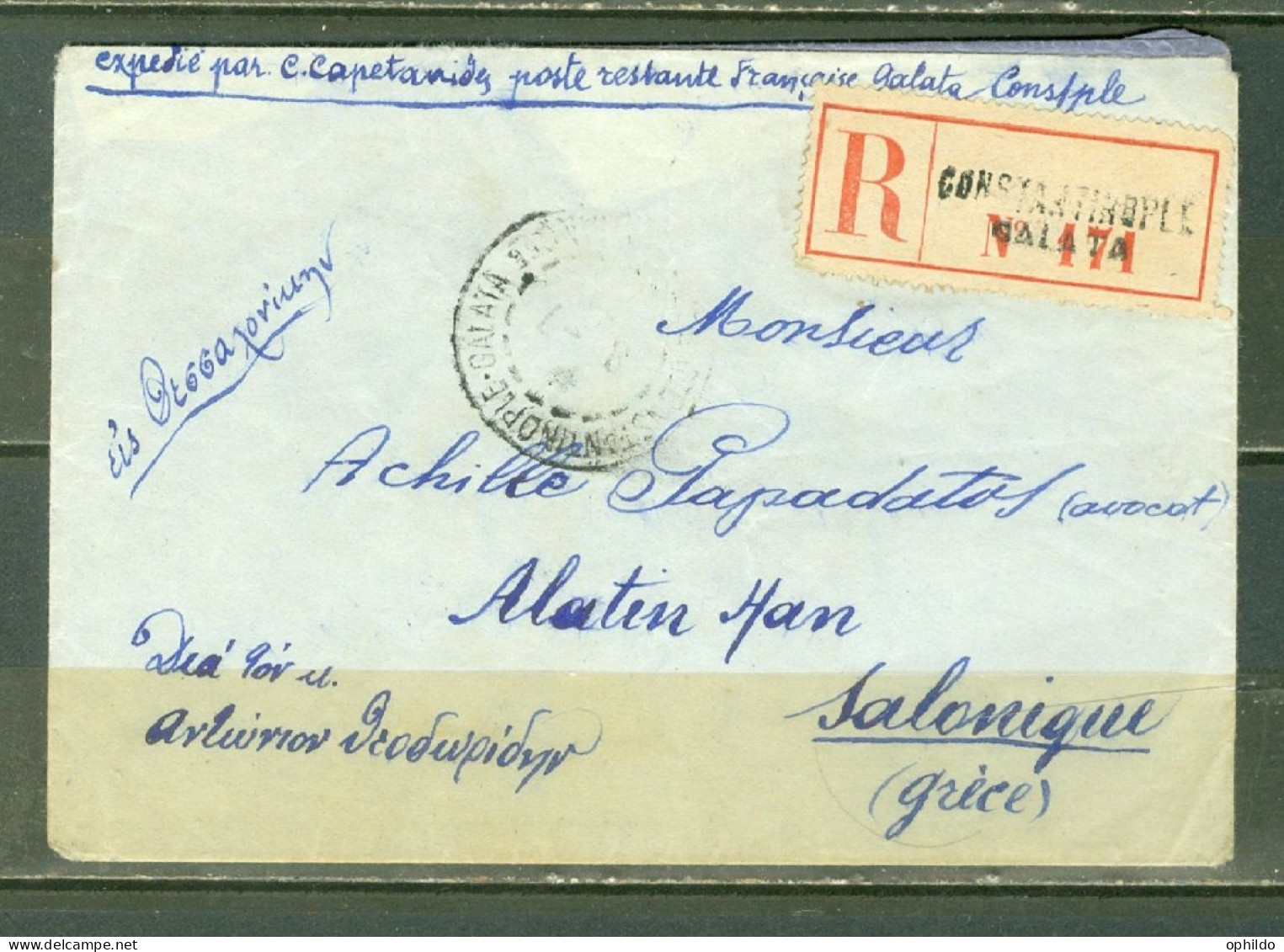 LSC Recommandée Levant Constantinople Galata 1914 Pour Salonique Grèce  - Covers & Documents