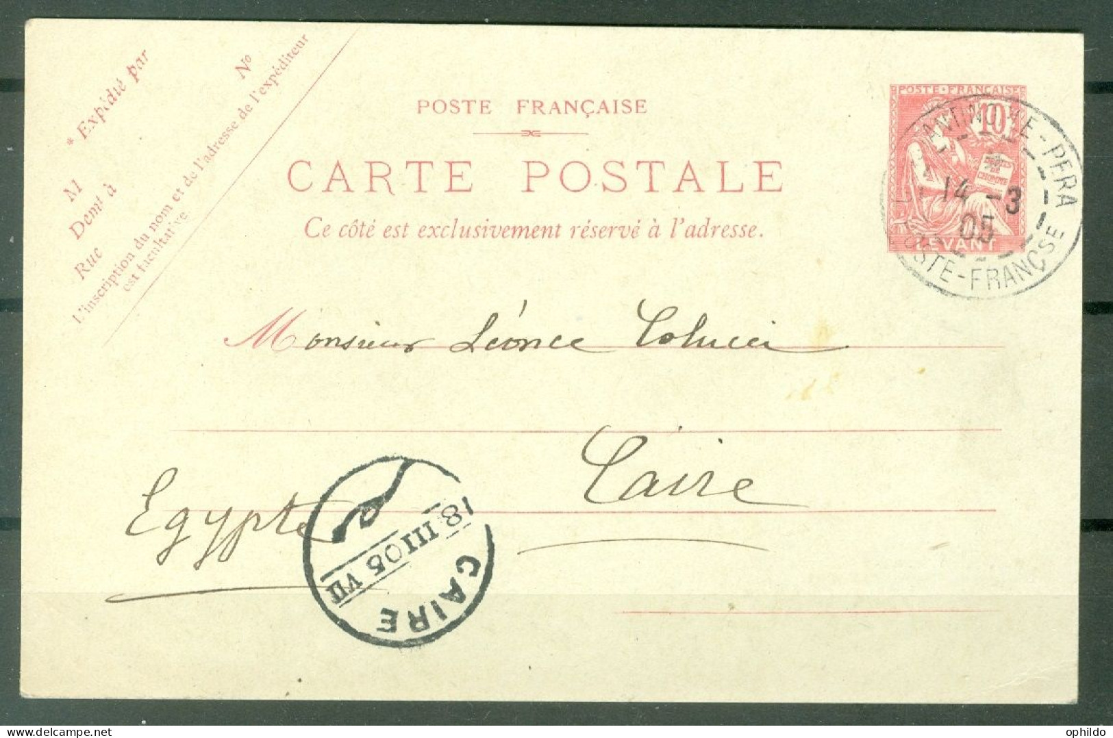 Levant  Entier Mouchon Retouché Mars 1905 Constantinople Pera Pour Le Caire   - Briefe U. Dokumente