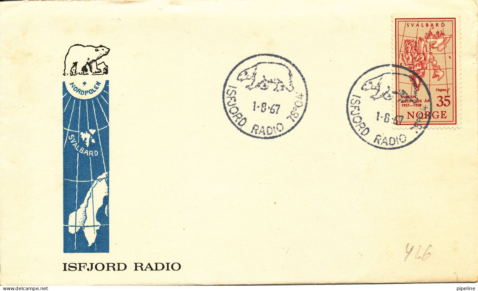 Norway Special Cancelled Cover Isfjord Radio 1-8-1967 With MAP Stamp And Cachet The Flap On The Backside Of The Cover Is - Cartas & Documentos