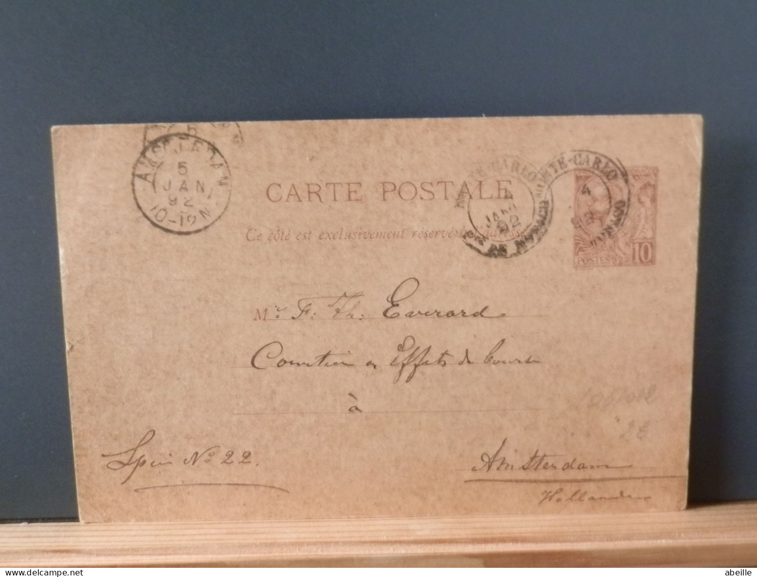 106/012   CP MONACO  1892 POUR LA HOLLANDE - Brieven En Documenten