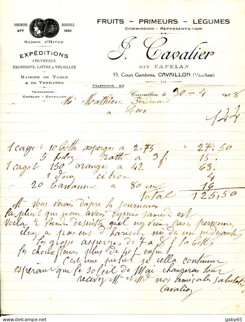 FACTURE.84.CAVAILLON.FRUITS.LEGUMES.PRIMEURS.J.CAVALIER DIT CAPÉLAN 53 COURS GAMBETTA. - Alimentare