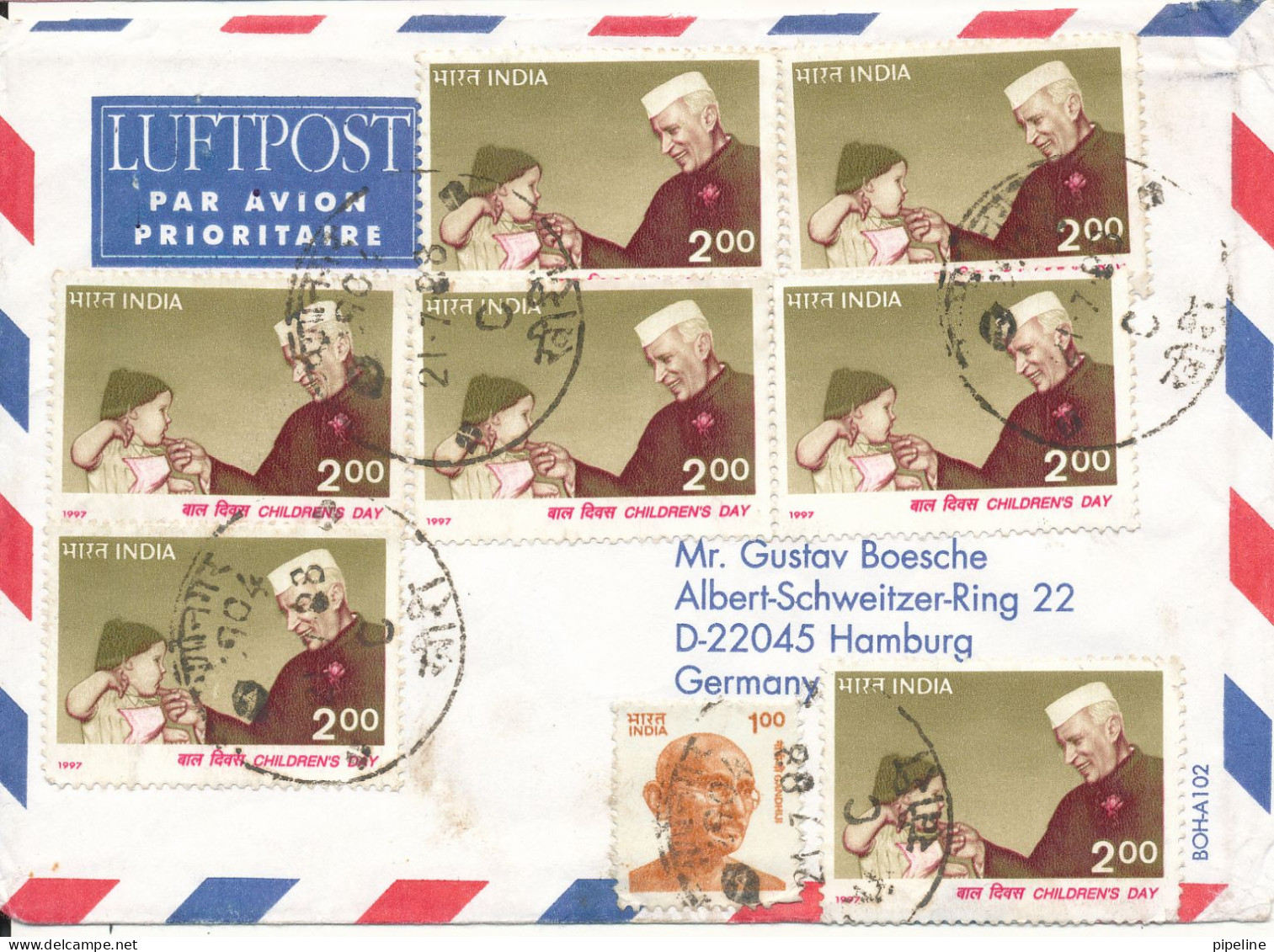 India Air Mail Cover Sent To Germany 21-7-1998 Topic Stamps Childrens Day 1997 - Luftpost