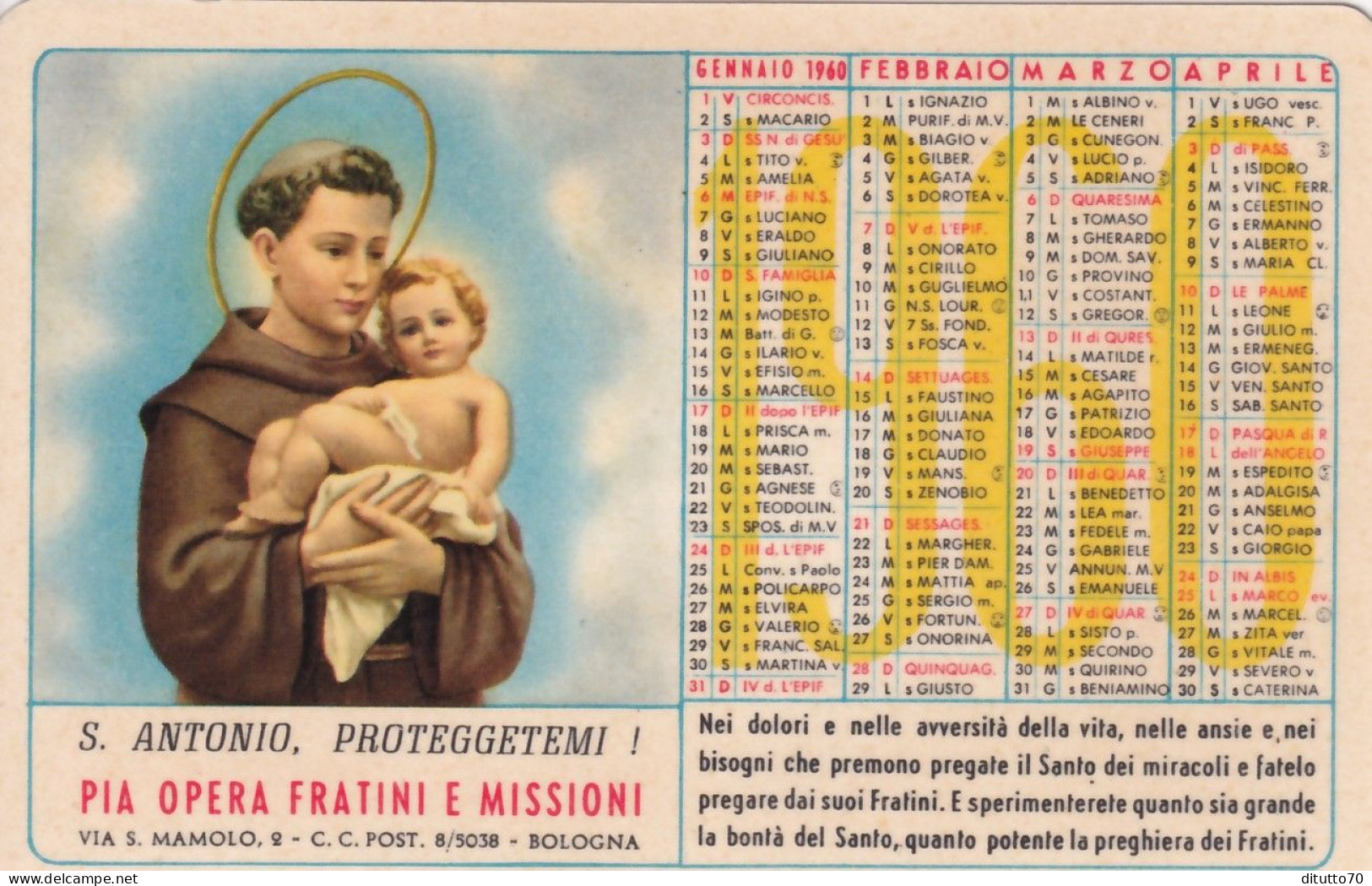 Calendarietto - Pia Opera Fratini E Missioni - Bologna - Anno 1960 - Petit Format : 1941-60