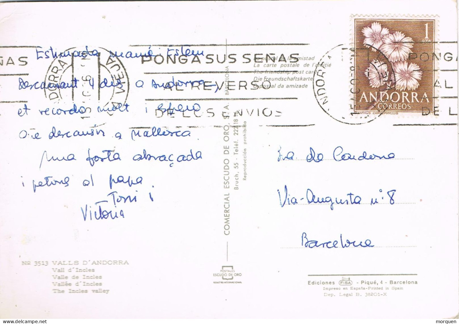 54139. Postal ANDORRA La VIEJA (Andorra Española) 1968. Vista  VALL D' INCLES - Lettres & Documents