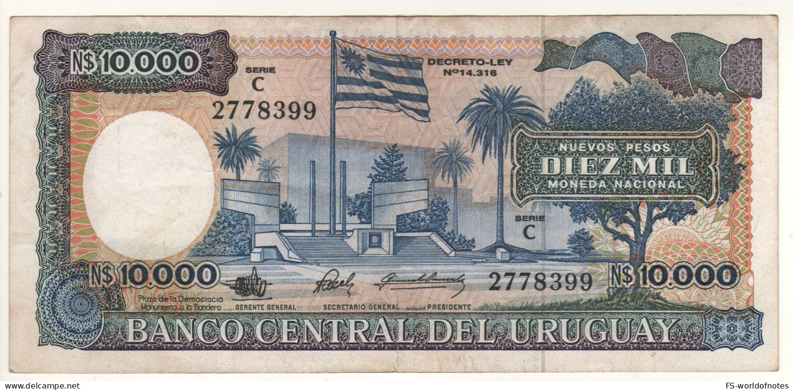 URUGUAY  10’000  Nuevo Pesos P67b  Serie C   ND  1987   "Monumento A La Bandera, Montevideo" - Uruguay