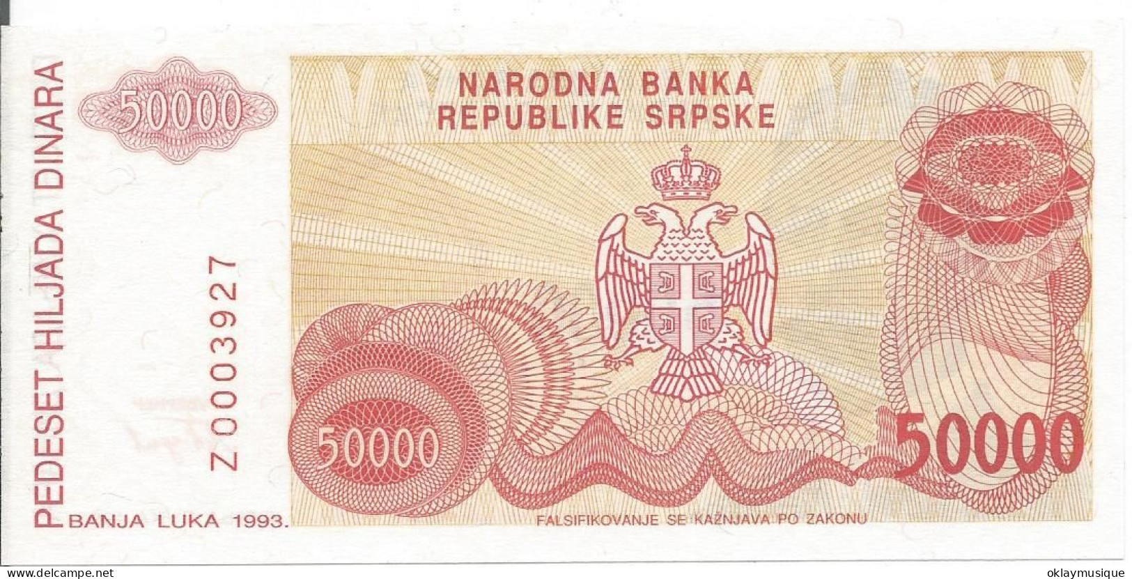 BOSNIE HERZEGOVINE› Bosnie, République Serbe 5000 Dinara 1993 - Bosnia And Herzegovina