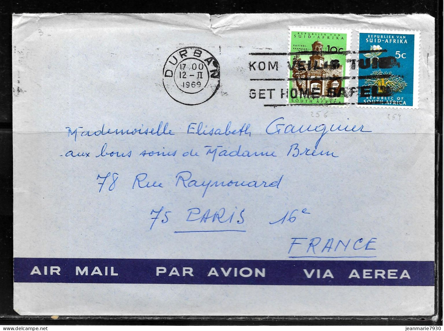 N420 - AFRIQUE DU SUD - LETTRE DE DURBAN DU 12/02/1969 POUR LA FRANCE - Lettres & Documents