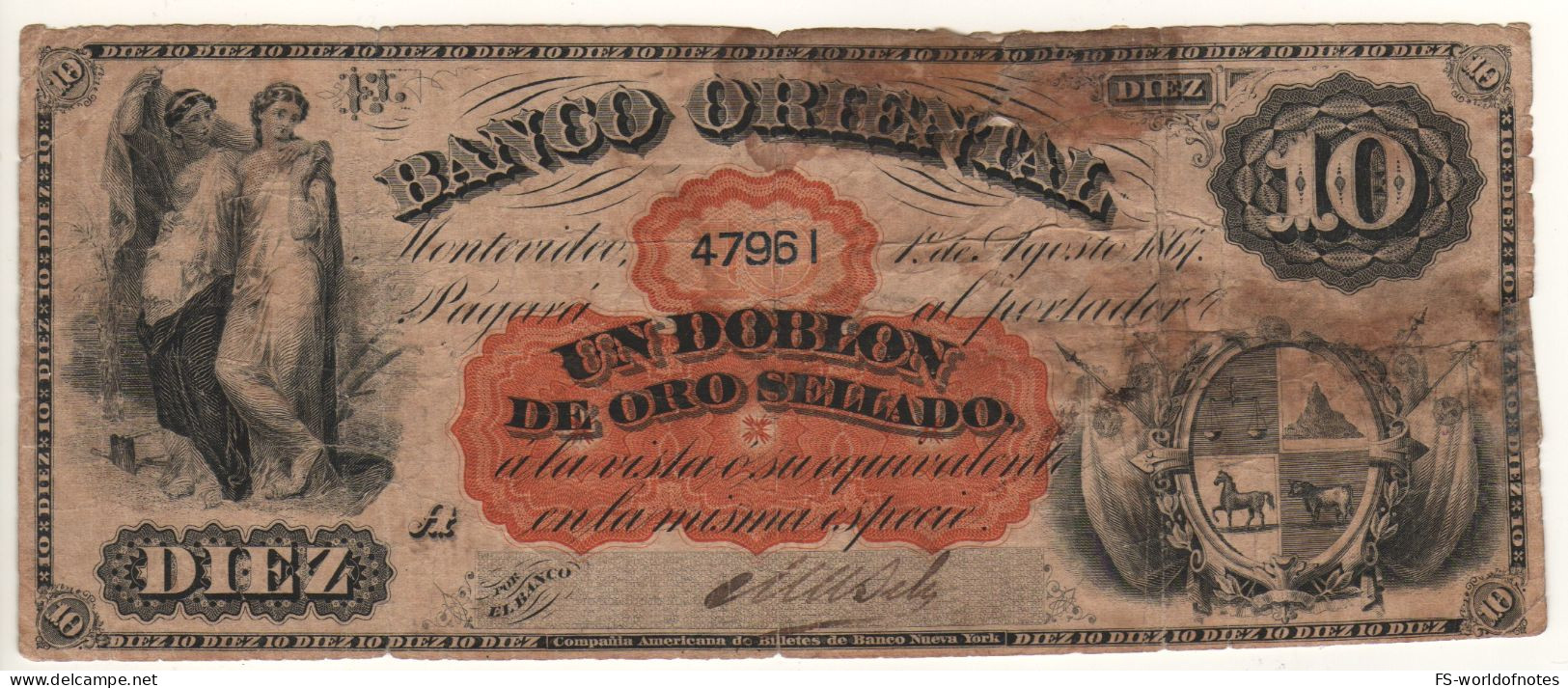 URUGUAY  10 Pesos /1 Doblon PS385  "Banco Oriental"    Dated 01.08.1867  ( Allegorical Women At Left ) - Uruguay