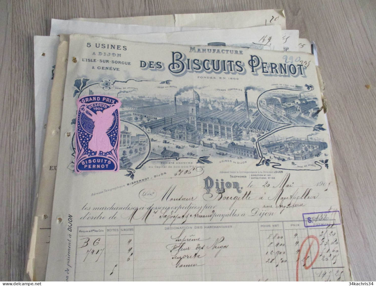 Facture Illustrée + Vignette Biscuits Pernot 1905 Dijon - Otros & Sin Clasificación