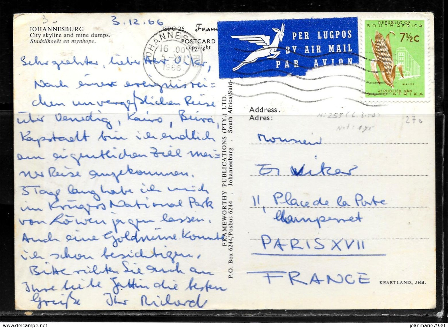 N419 - AFRIQUE DU SUD - CP DE JOHANNESBURG DU 05/12/1966 POUR LA FRANCE - Cartas & Documentos