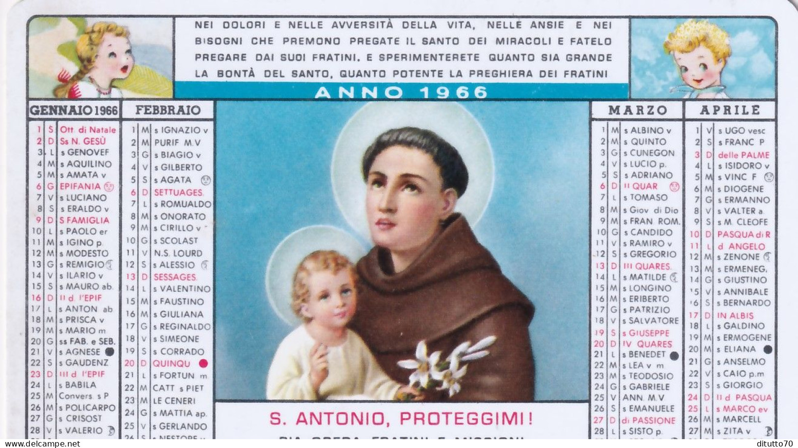 Calendarietto - S.antonio - Protegimi - Pia Opera Fratini E Missioni - Bologna - Anno 1966 - Petit Format : 1961-70