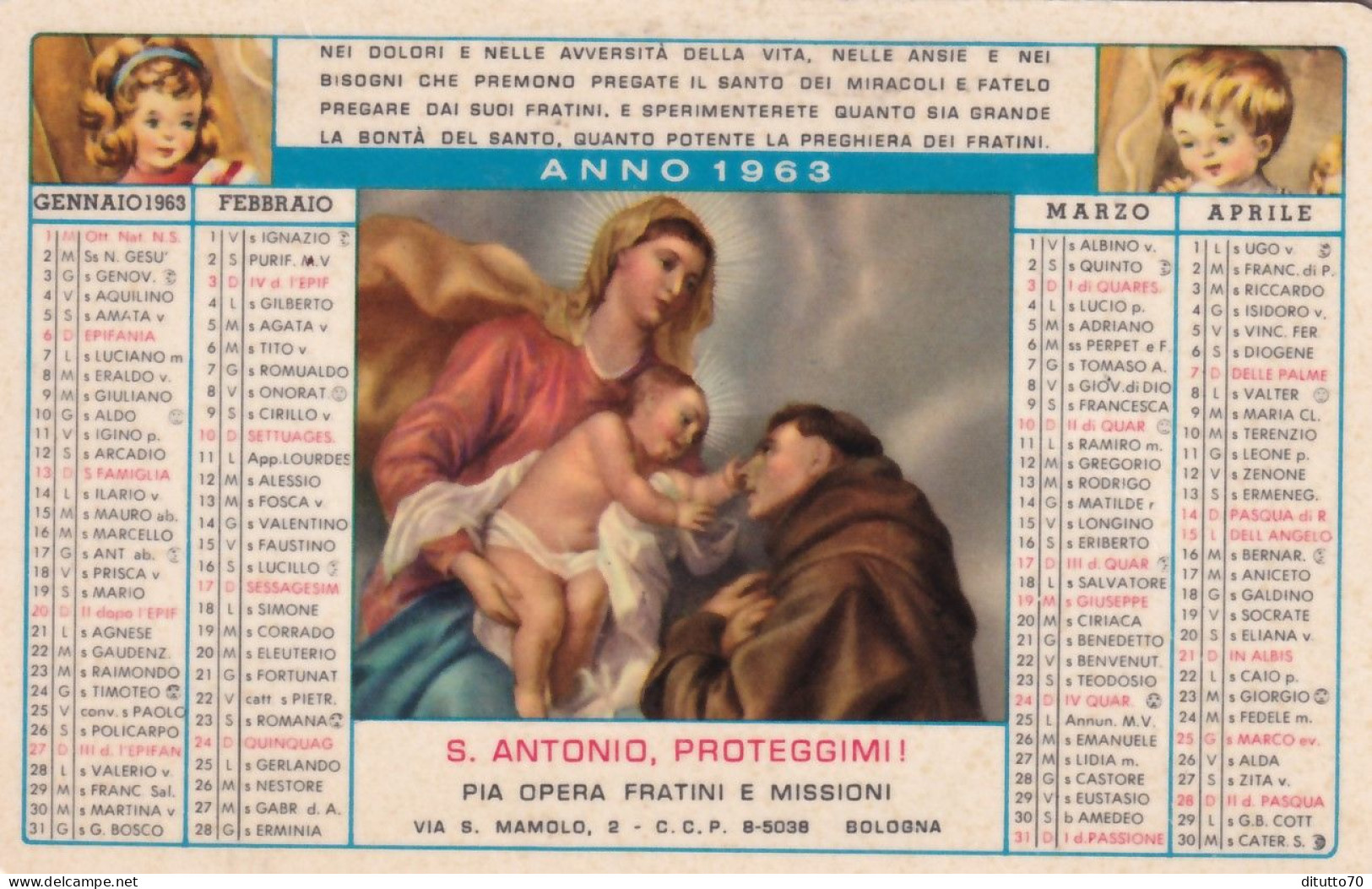 Calendarietto - S.antonio - Protegimi - Pia Opera Fratini E Missioni - Bologna - Anno 1969 - Kleinformat : 1961-70