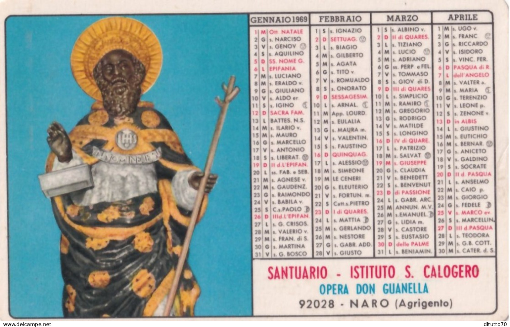 Calendarietto - Santuario - Istituto S.calogero - Opera Don Guanella - Naro - Agrigento - Anno 1969 - Petit Format : 1961-70