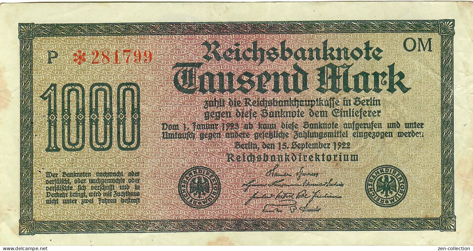 WW2 Germany French Propaganda FORGERY Overprint On Genuine 1000 Mark 1923 Banknote VF - Verzamelingen