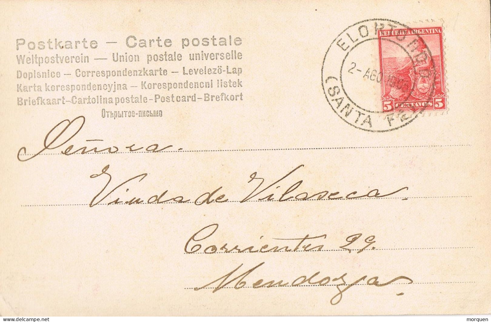 54144. Postal ELORTONDO (Santa Fe) Argentina 1905. Imagen Romantica. Fechador LUJO - Briefe U. Dokumente