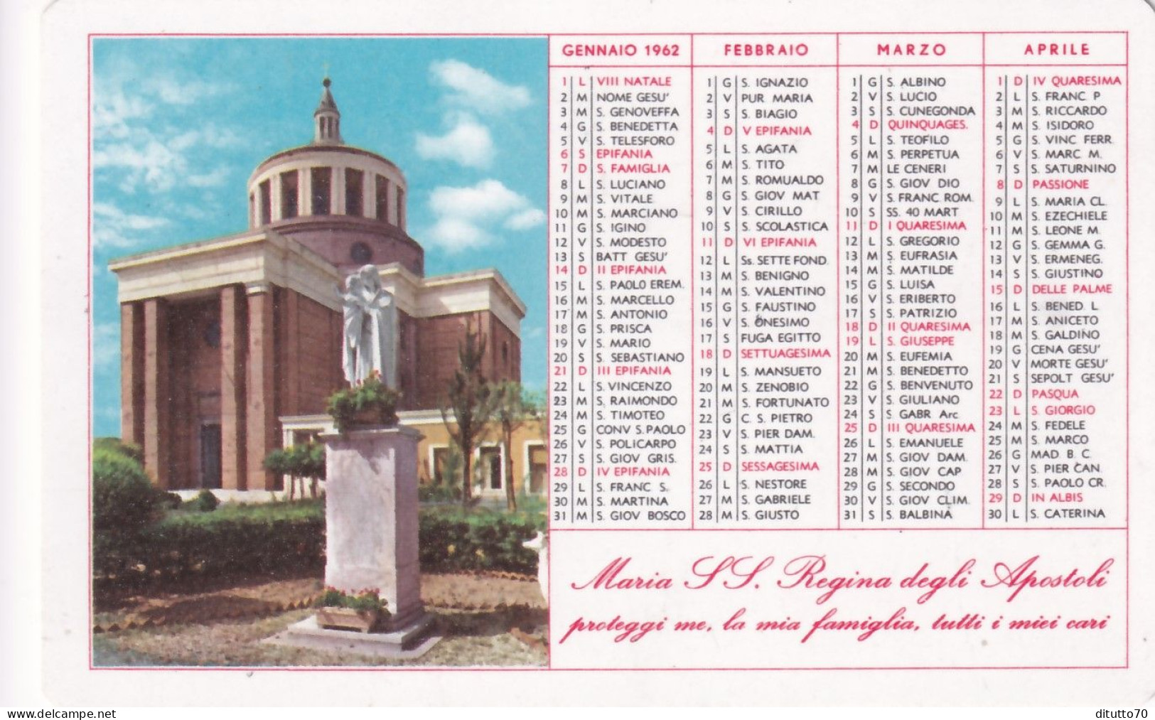 Calendarietto - Santuario Regina Degli Apostoli - Roma - Anno 1962 - Petit Format : 1961-70