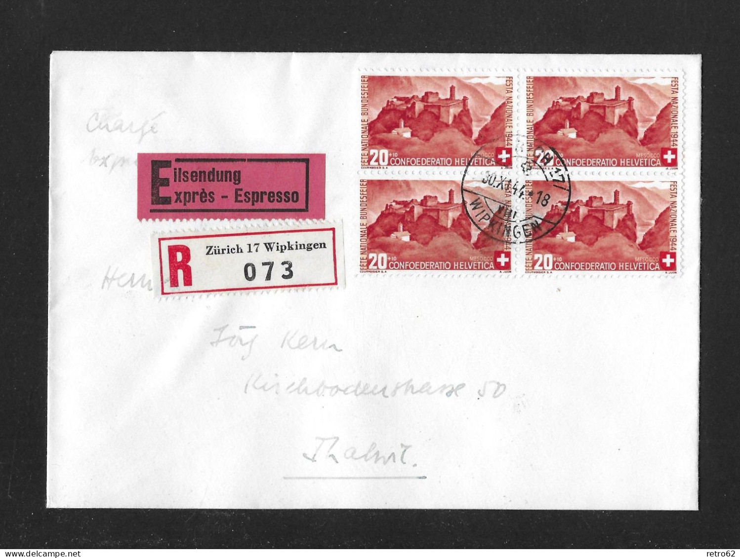 1944 STADT- UND LANDSCHAFTSBILDER ► FDC-Chargè Eilsendung Von Zürich Nach Thalwil   ►SBK-B24 Im VB 30.XI.44 ►RAR◄ - Storia Postale