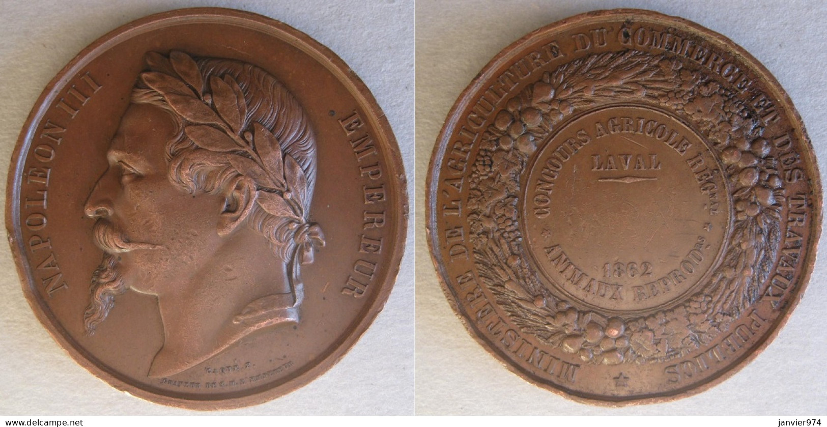 Médaille En Cuivre Napoléon III , Concours Agricole LAVAL 1862 Animaux Reproducteurs, Gravée Par Caque - Adel