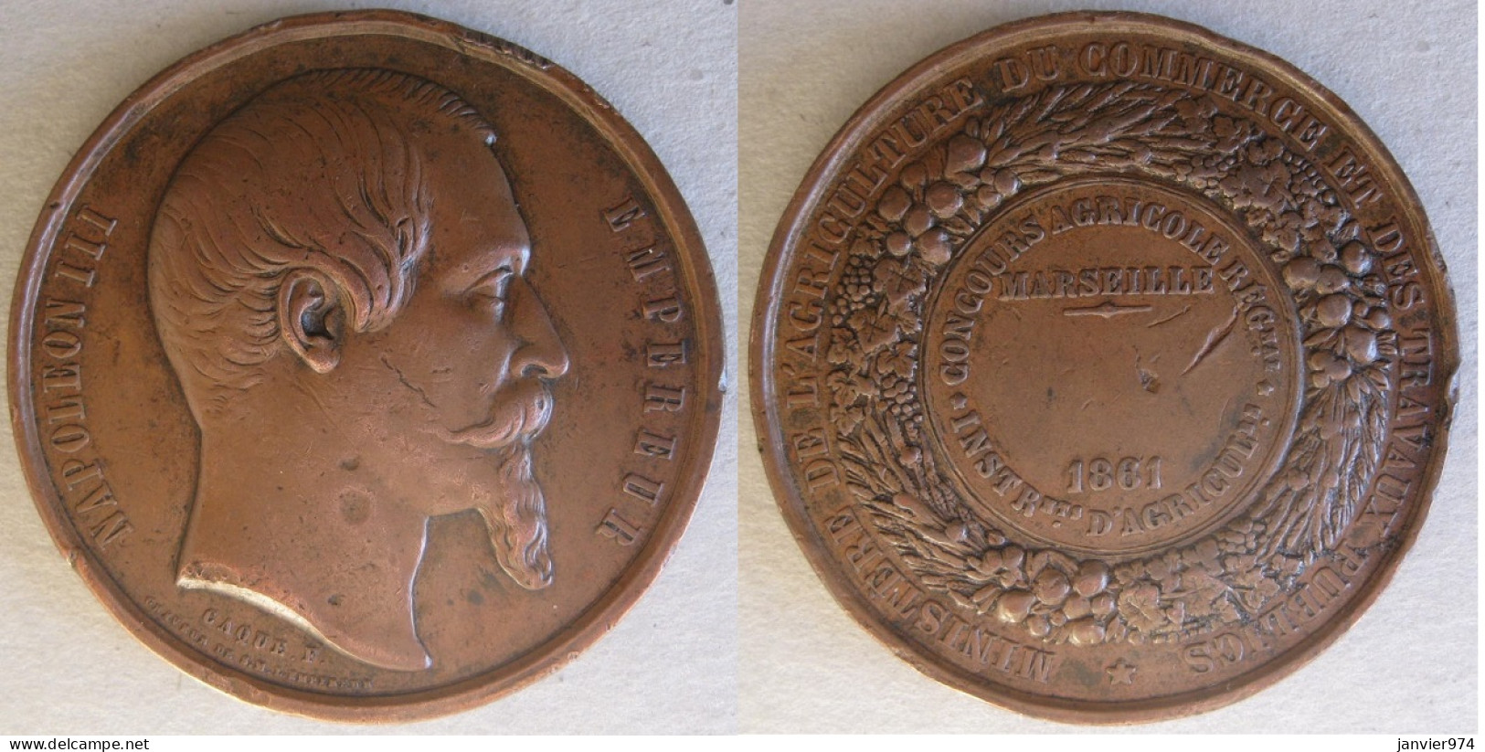 Médaille En Cuivre Concours Agricole Régional MARSEILLE 1861, Napoleon III, Par CAQUE - Monarquía / Nobleza