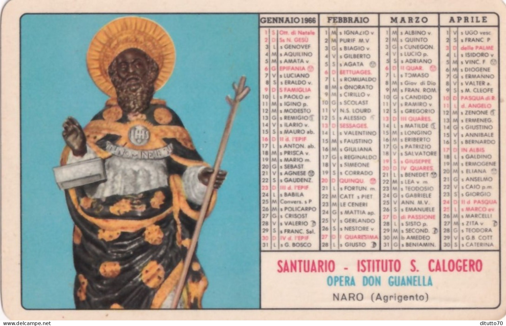 Calendarietto - Santuario - Istituto S.calogero - Opera Don Guanella - Naro - Agrigento - Anno 1966 - Tamaño Pequeño : 1961-70