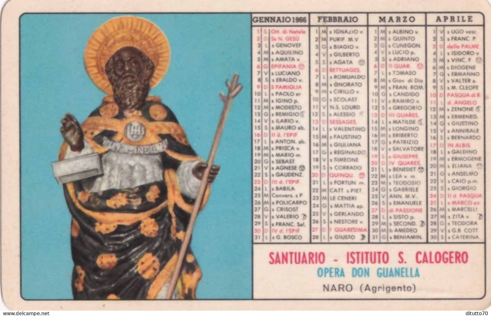 Calendarietto - Santuario - Istituto S.calogero - Opera Don Guanella - Naro - Agrigento - Anno 1966 - Small : 1961-70