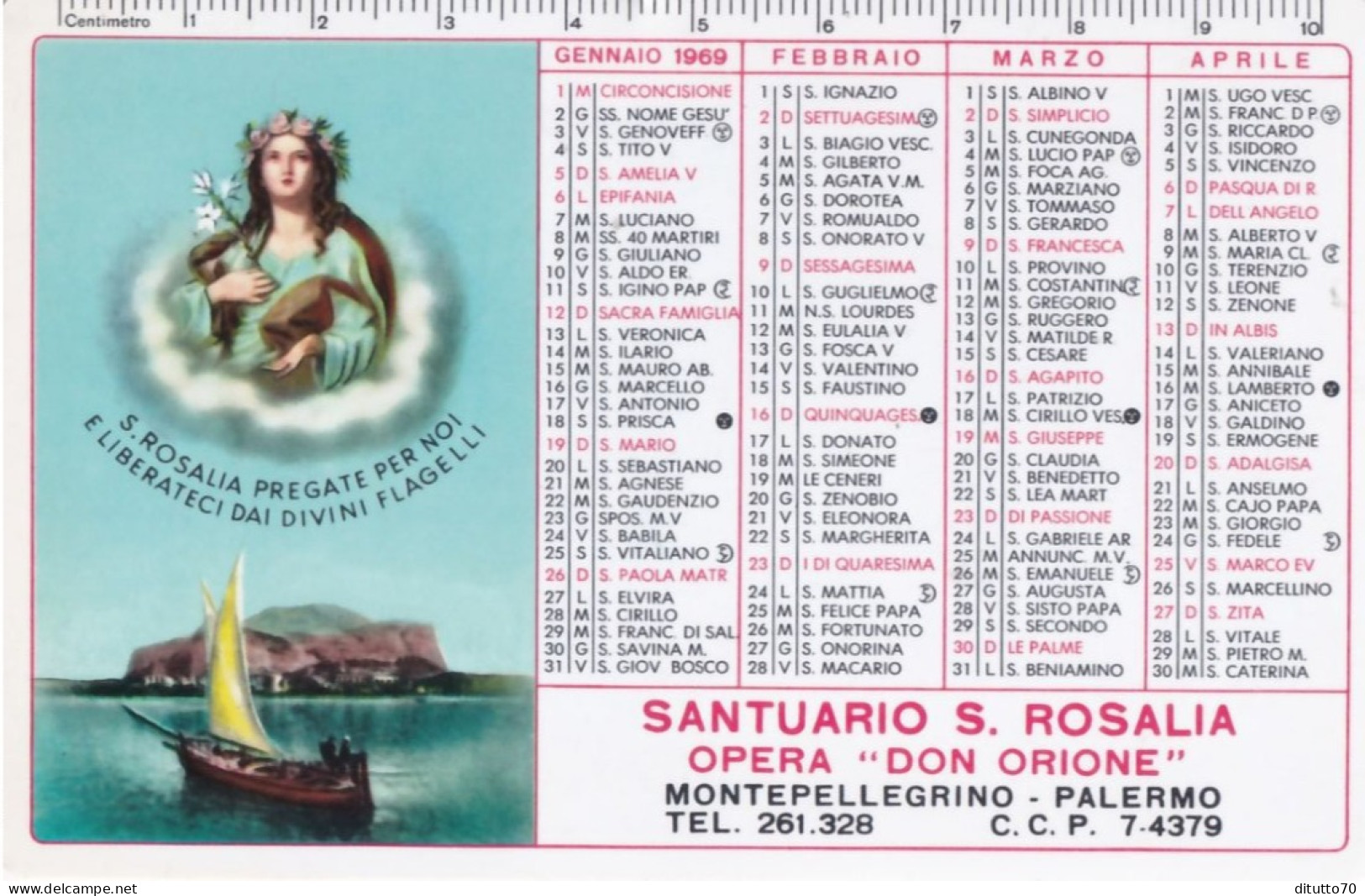 Calendarietto - Santuario S.rosalia - Opera Don Orione - Montepellegrino - Palermo - Anno 1969 - Formato Piccolo : 1961-70