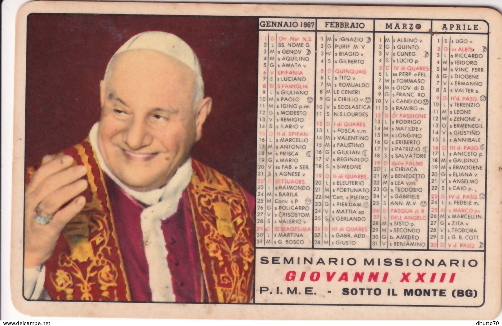 Calendarietto - Seminario Missionario Giovanni XXIII - P.i.m.e. Sotto Il Monte - Bergamo - Anno 1966 - Formato Piccolo : 1961-70