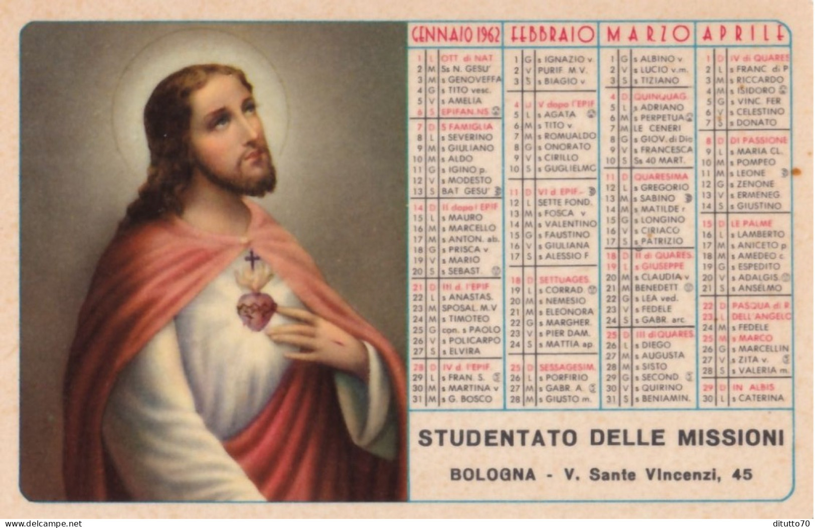 Calendarietto - Studentato Delle Missioni - Bologna - Anno 1962 - Kleinformat : 1961-70