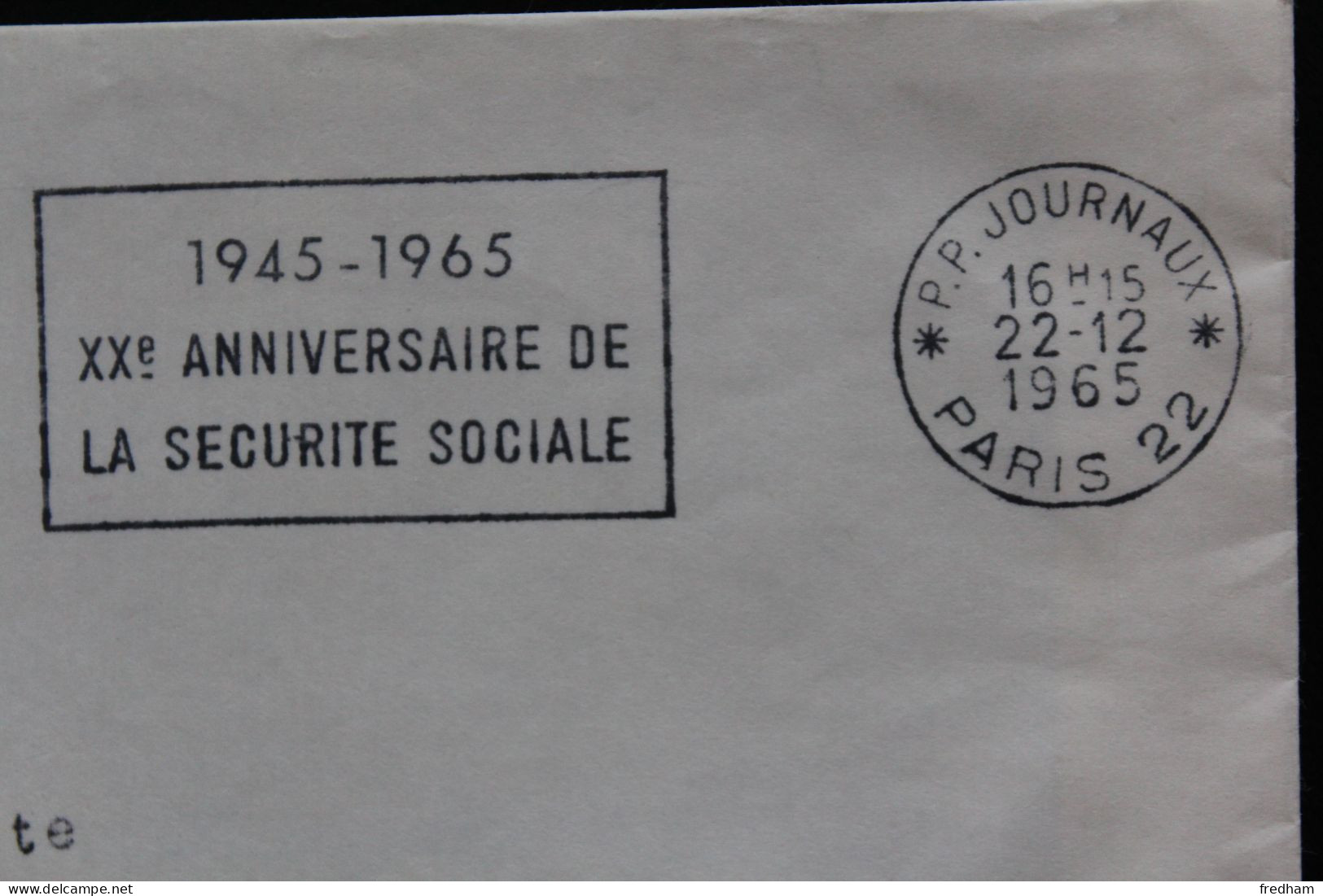 FLAMME P.P. JOURNAUX PARIS 22 "1945-1965 XXe ANNIVERSAIRE DE LA SECURITE SOCIALE DU 22-12 -1965  SUR ENVOI PERIODIQUE - Giornali