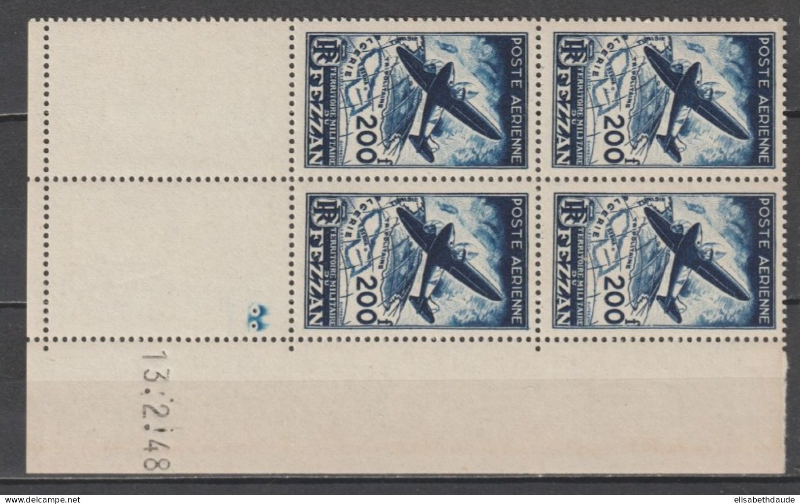 FEZZAN - 1948 - POSTE AERIENNE YVERT N° 5 BLOC De 4 COIN DATE ** MNH - COTE = 60++ EUR - Unused Stamps
