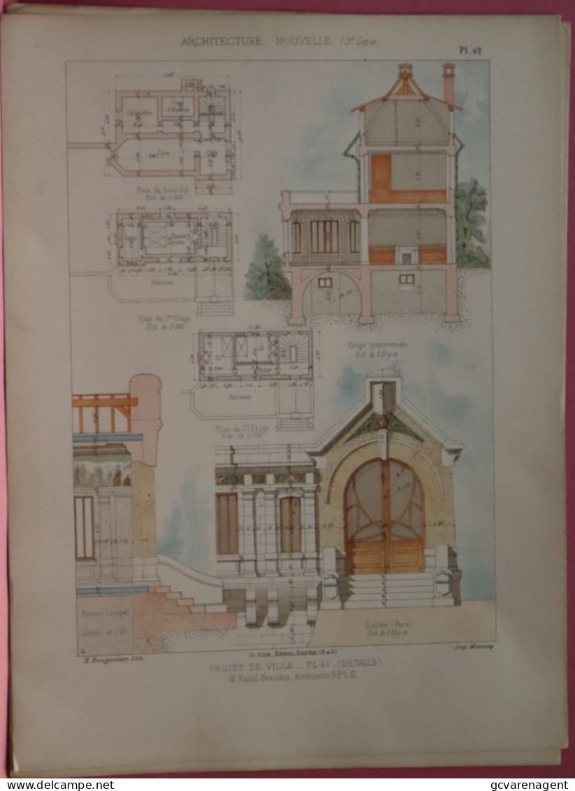 2 PLANS =   PROJET DE VILLA  -  Mr. RAOUL BRANDON  ARCHITECTE   37 X 28 CM  VOIR LES IMAGES ÉTAT DES PLANS - Architettura