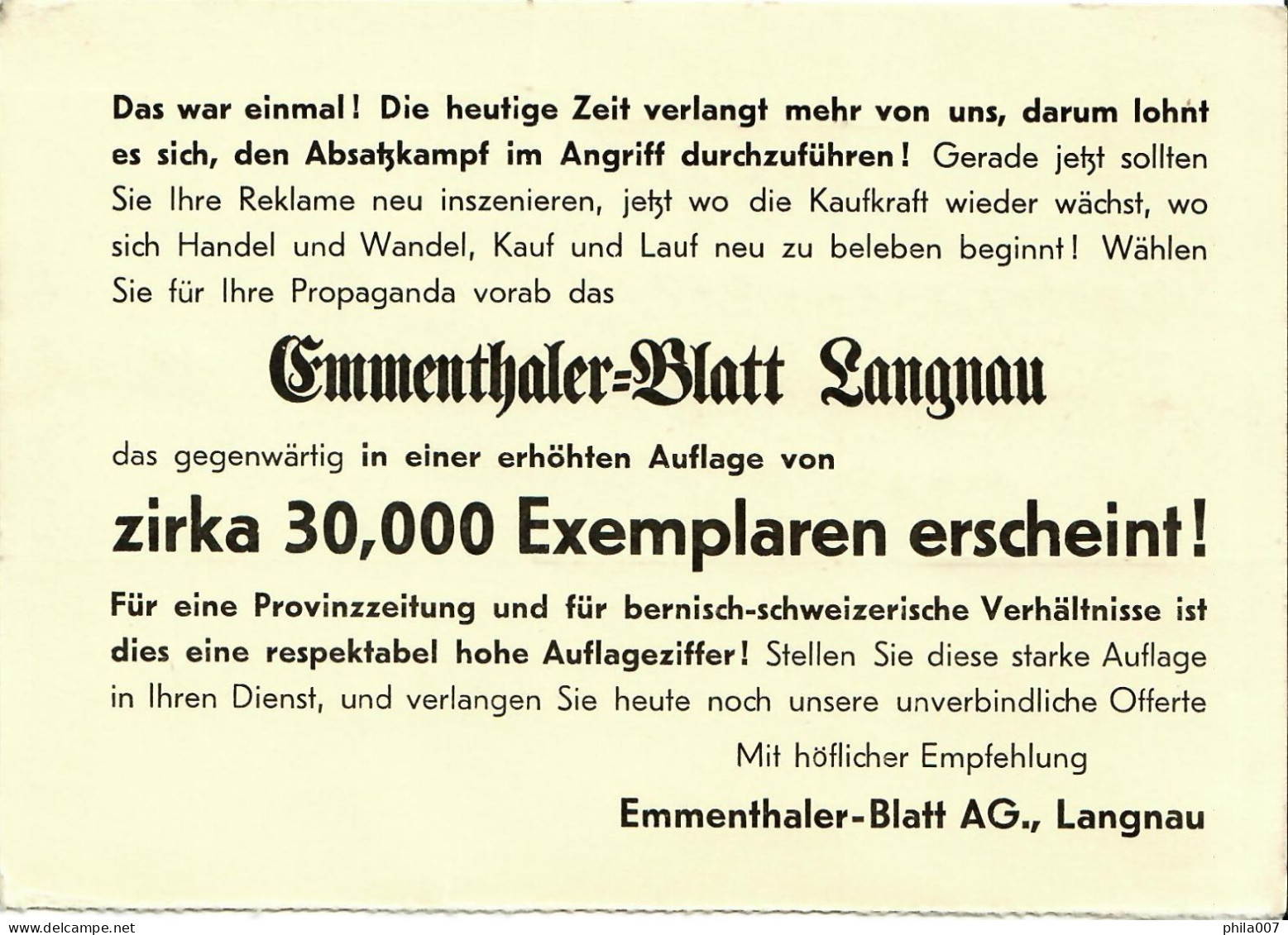 Switzerland Meter Stamp EMA Freistempel Emmenthaler Tagblatt Postcard - Affrancature Meccaniche