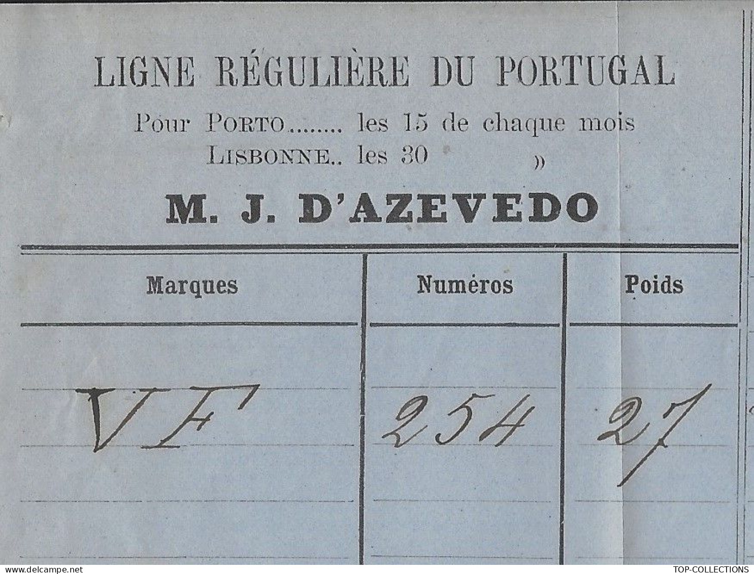 1860 CONNAISSEMENT BILL OF  Conhecimento De Embarque D’AZEVEDO NAVIGATION Du Portugal Porto Lisbonne  Le HAVRE V.HIST. - 1800 – 1899