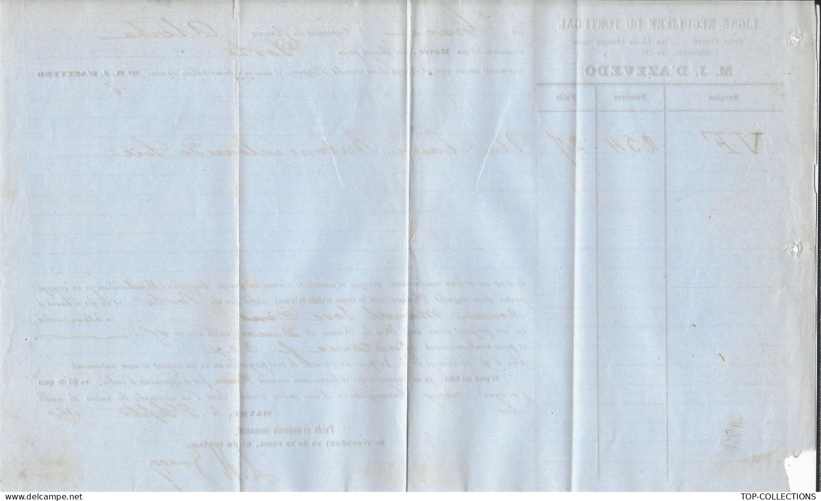 1860 CONNAISSEMENT BILL OF  Conhecimento De Embarque D’AZEVEDO NAVIGATION Du Portugal Porto Lisbonne  Le HAVRE V.HIST. - 1800 – 1899