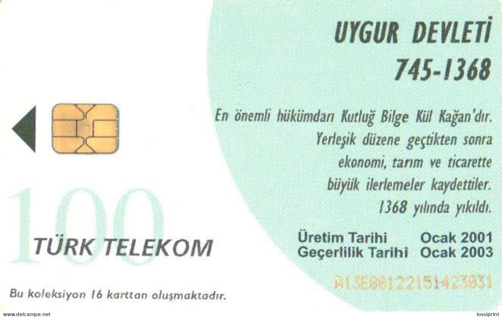 Turkey:Used Phonecard, Türk Telekom, 100 Units, From 16 Cards Set, Uygur Devleti, 2001 - Turquie