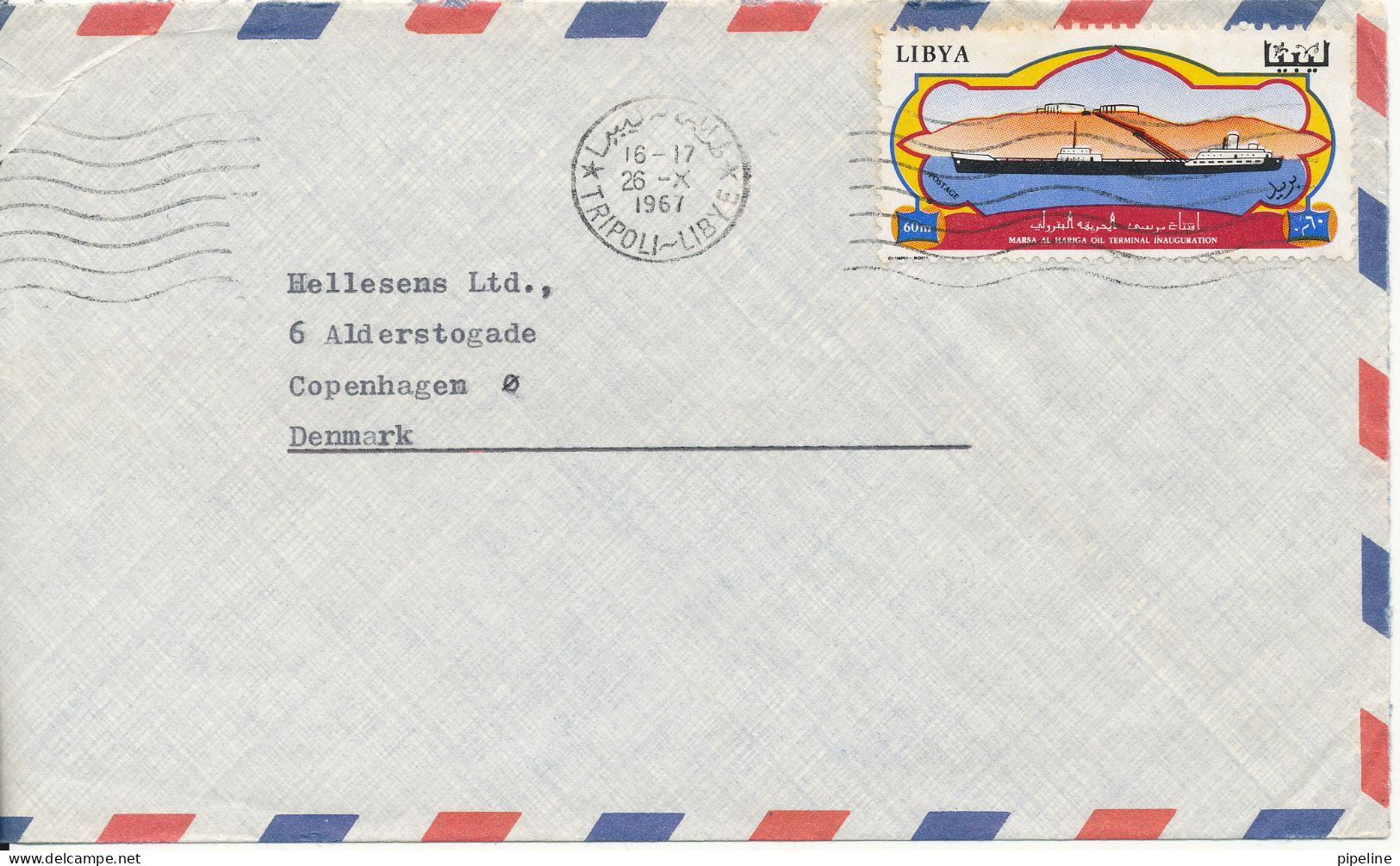 Libya Air Mail Cover Sent To Denmark Tripoli 26-10-1967 Single Franked (The Cover Is Cut In The Left Side) - Libia